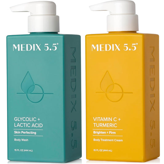 MEDIX 5.5 Exfoliating AHA Glycolic Acid Face & Body Scrub Cleanser + Vitamin C Moisturizing Body Cream Lotion Skin Care 2PC Set | Alpha Hydroxy Acid & Lactic Acid Foaming Body Wash & Face Wash, 2-PC