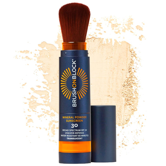 Brush On Block SPF 30 Mineral Powder Sunscreen New Formula, With Niacinamide, Hyaluronic Acid, & Vitamin C, Broad Spectrum, Water Resistant, Translucent, For All Skin Types, Reef Friendly, Mfg in USA