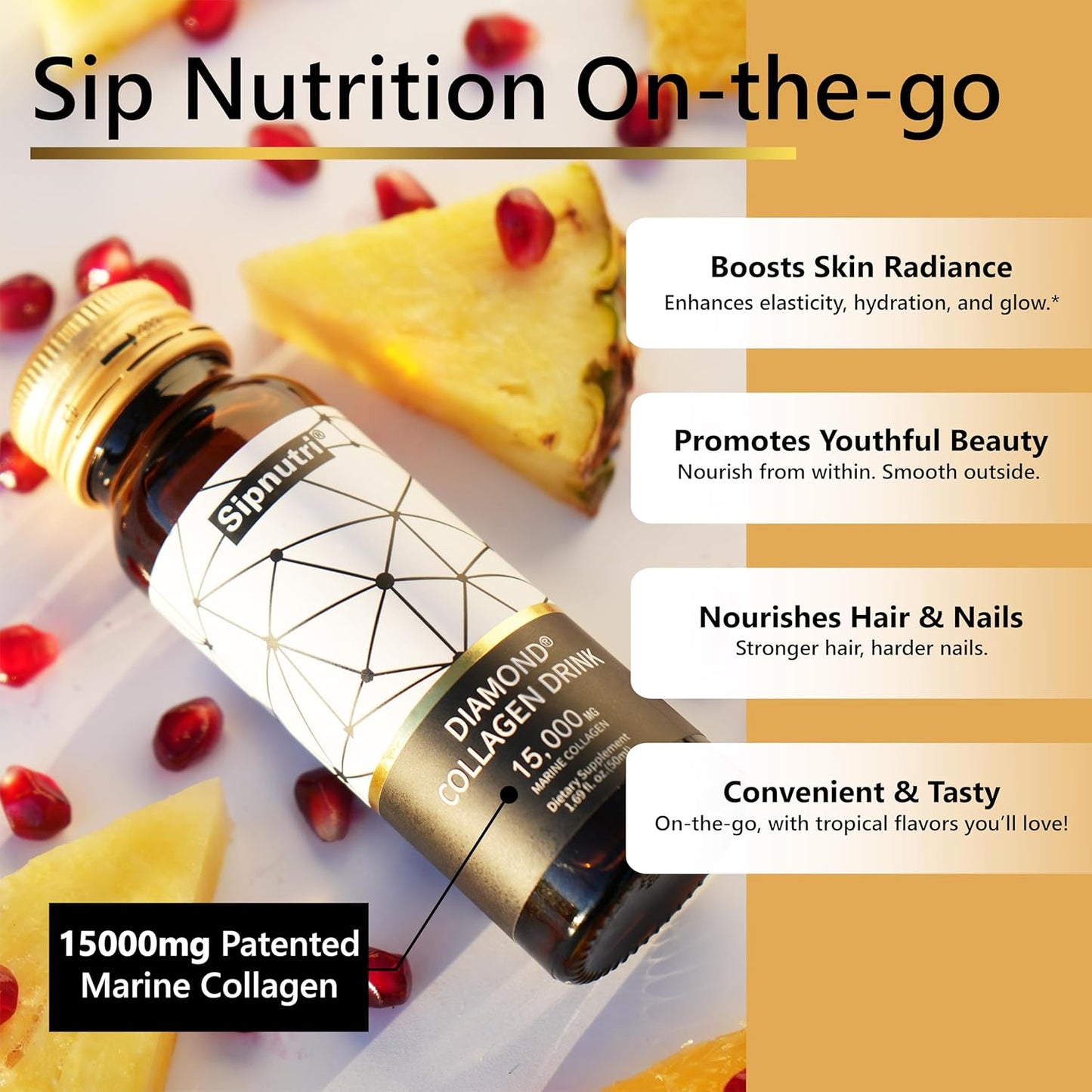 Diamond Liquid Collagen Drink, 15000 mg Hydrolyzed Marine Collagen Peptides with Vitamin C, Pomegranate, Healthy Hair Skin Nails Joints Bones Support, 50 ml x 10 Bottles (3 Boxes)