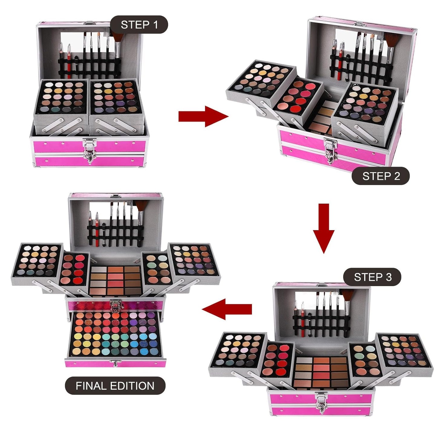 All in One Makeup Gift Set for Women Girls Full Kit, Includes Eyeshadow, Lipstick, Concealer, Highlighter, Eyebrow Powder, Blush, Contour, Lip Liners, Eyeliner, Brushes (Cerise)