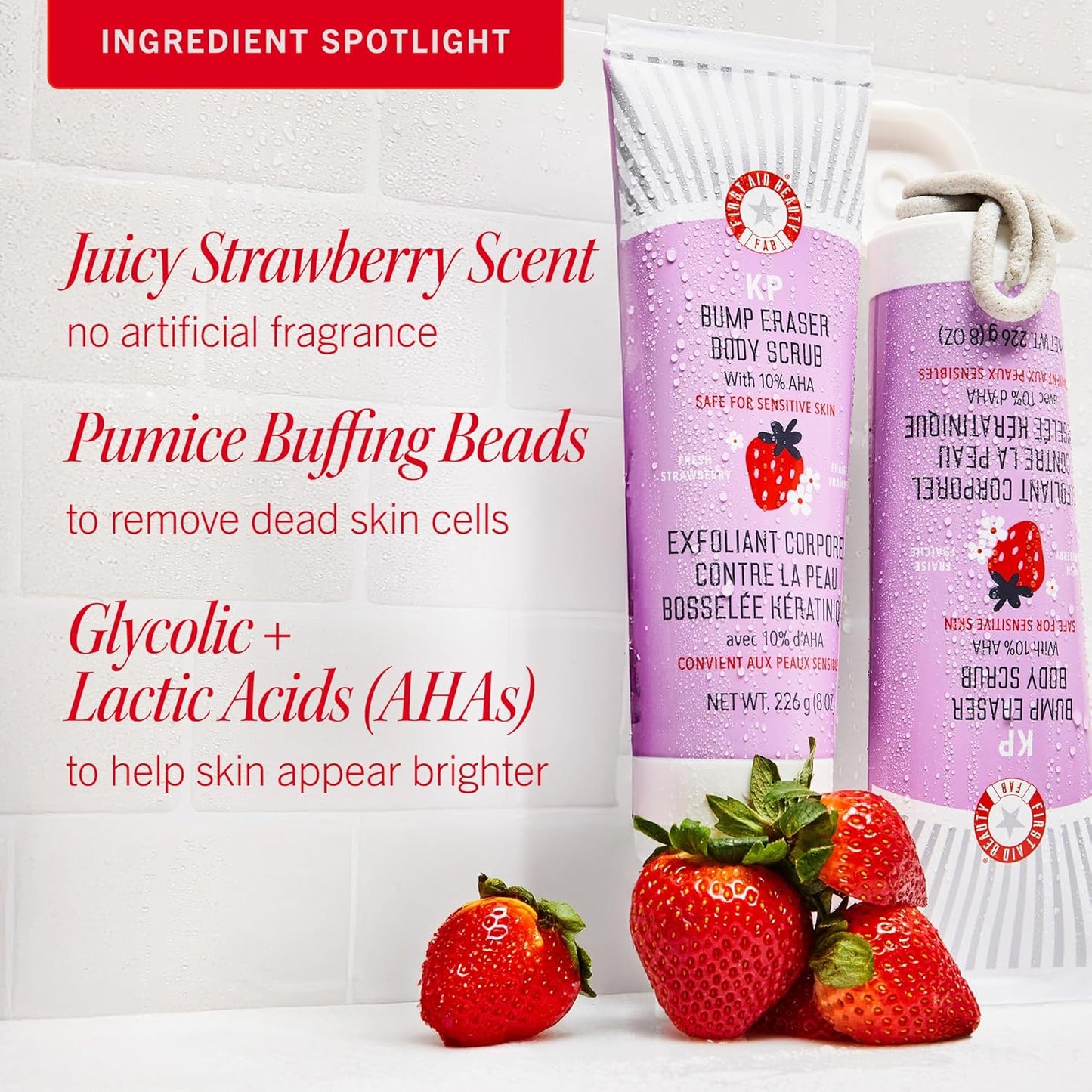 First Aid Beauty - KP Bump Eraser Body Scrub with 10% AHA, Keratosis Pilaris Exfoliator with Glycolic and Lactic acids, Helps Reduce Chicken Skin Bumps, Safe for Sensitive Skin, Strawberry Scent, 2 oz