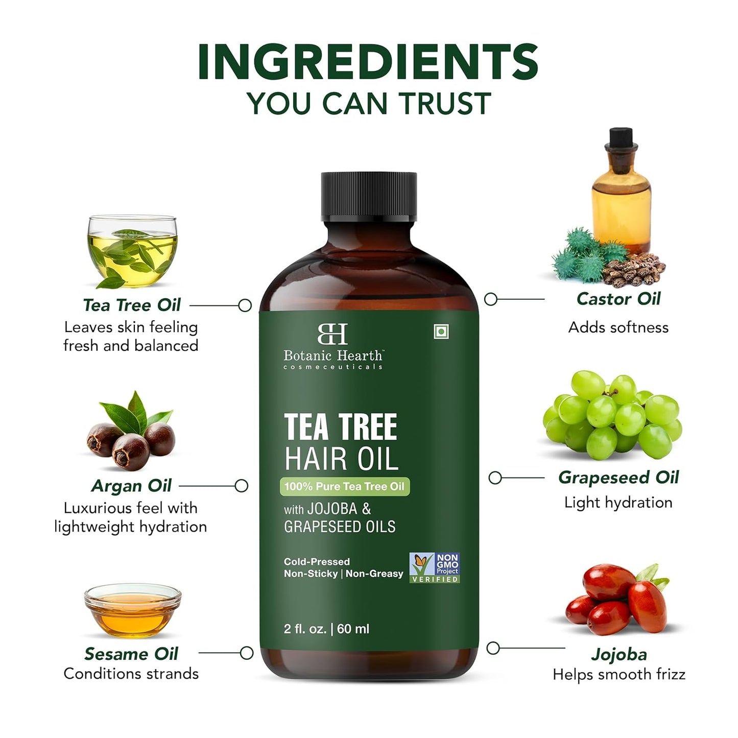 Botanic Hearth 100% Pure Tea Tree Oil (2 Fl Oz) | With Jojoba & Grapeseed Oils | Soothes Itchy Scalp & Fights Dandruff | Hair Oil Repairs Dry Damaged Hair, Strengthening, Healthier Hair- Hair Tonic
