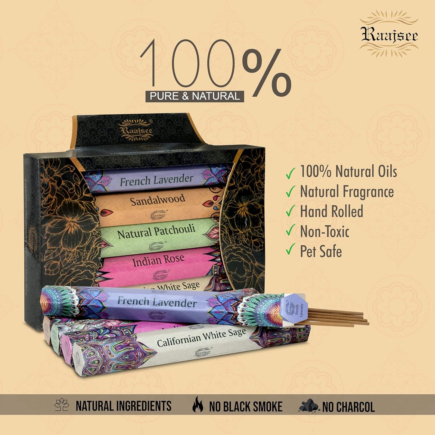 Raajsee Incense Sticks Multipack 15 Sticks x 5 Pack -100% Pure Organic Natural Assorted insense Stick - Hand Rolled Free from Chemicals -Perfect for Church Aromatherapy, Sandalwood,White sage, Rose