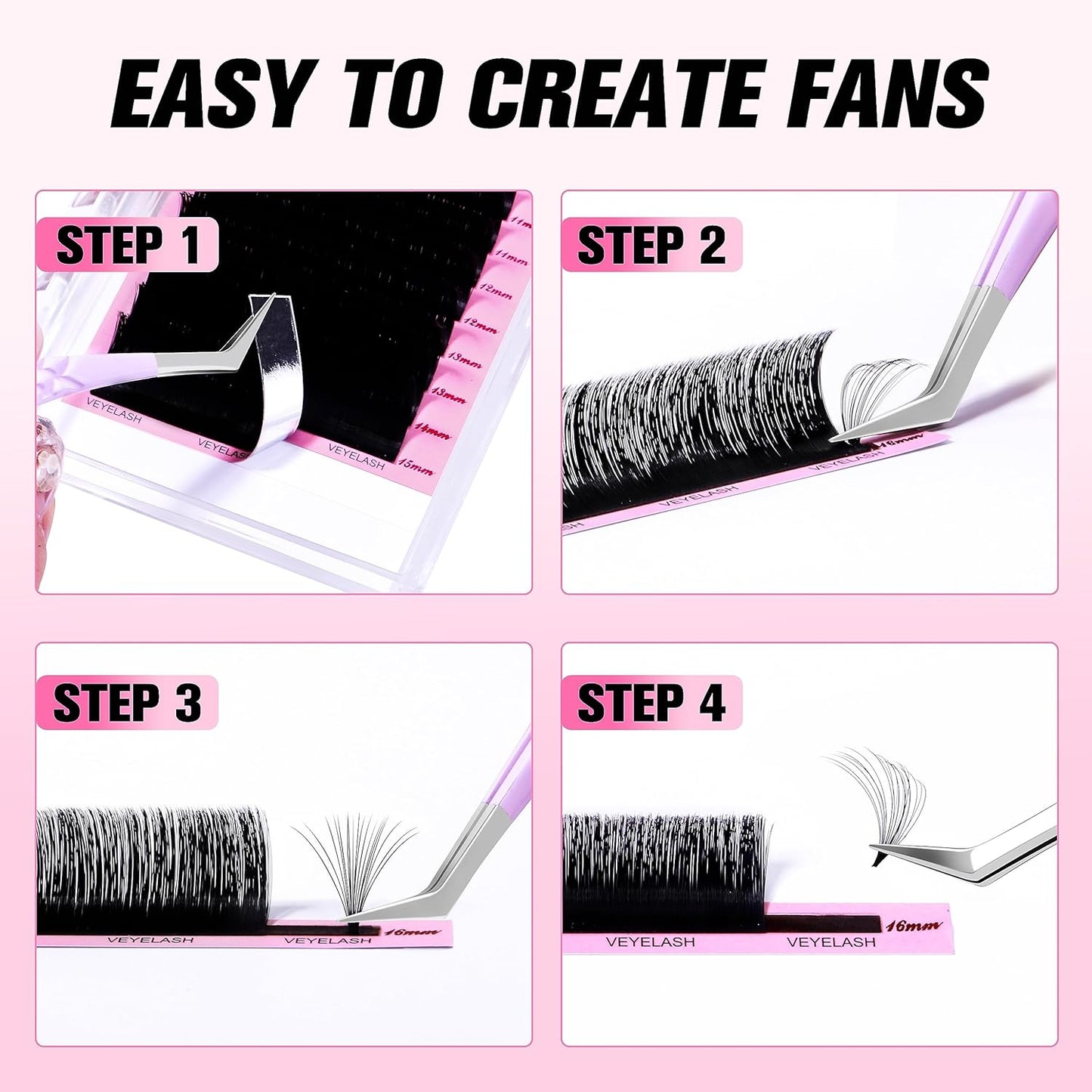 VEYES INC Cashmere Smart Fan Lash Extensions 0.03 0.05 0.07 C/CC/D Curl 8-20mm Mixed & Single Length, Super Matte Black Volume Lashes, Professional Supplies for Lash Techs (0.07 C 15-20mm)