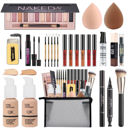 All in One Makeup Kit,Includes Naked Eyeshadow Palette,Liquid Foundation,Lipstick Set,Mascara,Makeup Brush,Makeup Sponge,Eyebrow Pencil,Eyebrow Soap,Eyeliner Stamp, Primer,Contour Stick,Cosmetic Bag