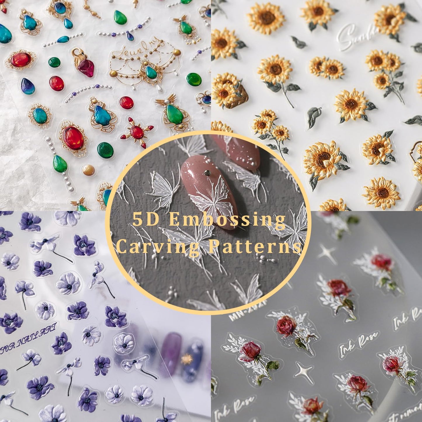5D Embossed Nail Stickers Flower Nail Art Stickers Decals Self-Adhesive Floral Nail Supplies Blue Floral Leaf Nail Art Design Decorations Nail Art Decals for Women