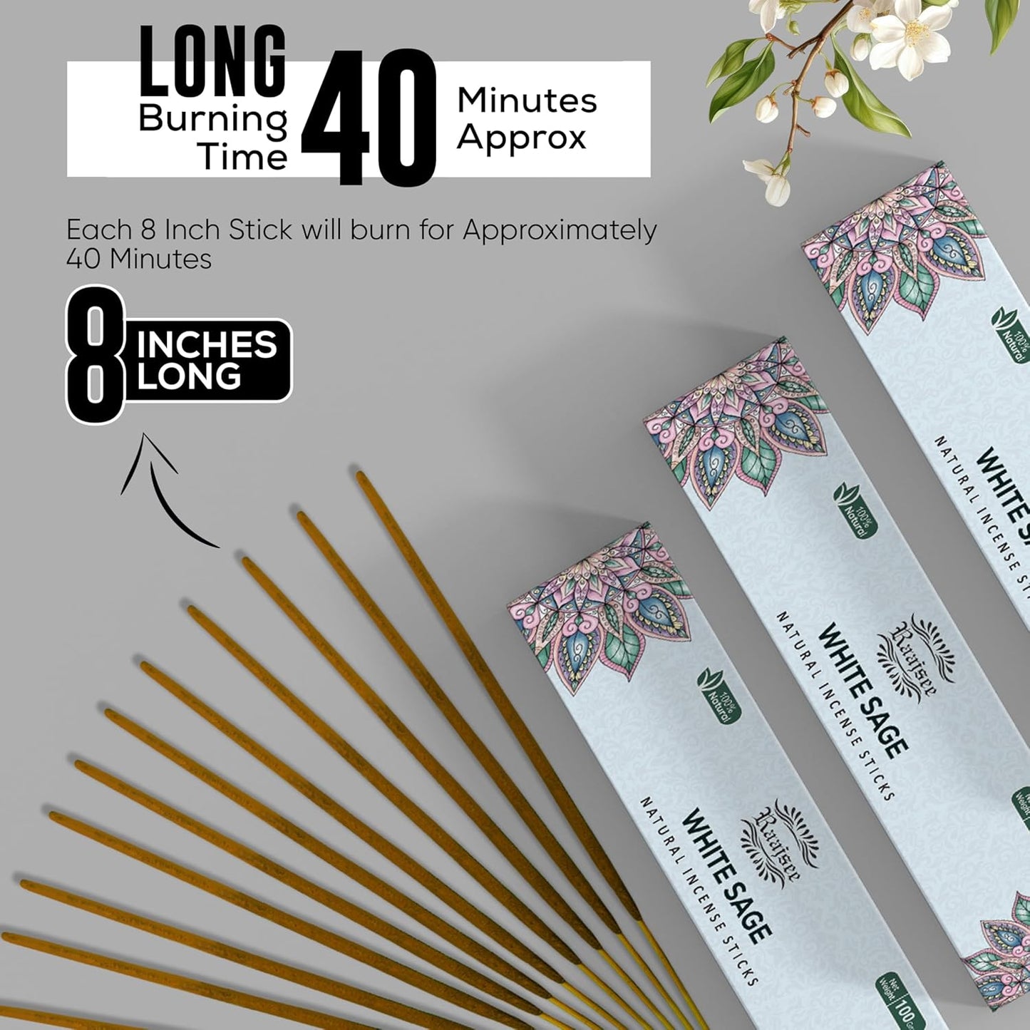 Raajsee White Sage Incense Sticks (180 gm), 100% Pure Organic Natural Hand Rolled Free from Chemicals - Perfect for Aromatherapy, Cleansing, Meditation, and Church (Pack of 12)