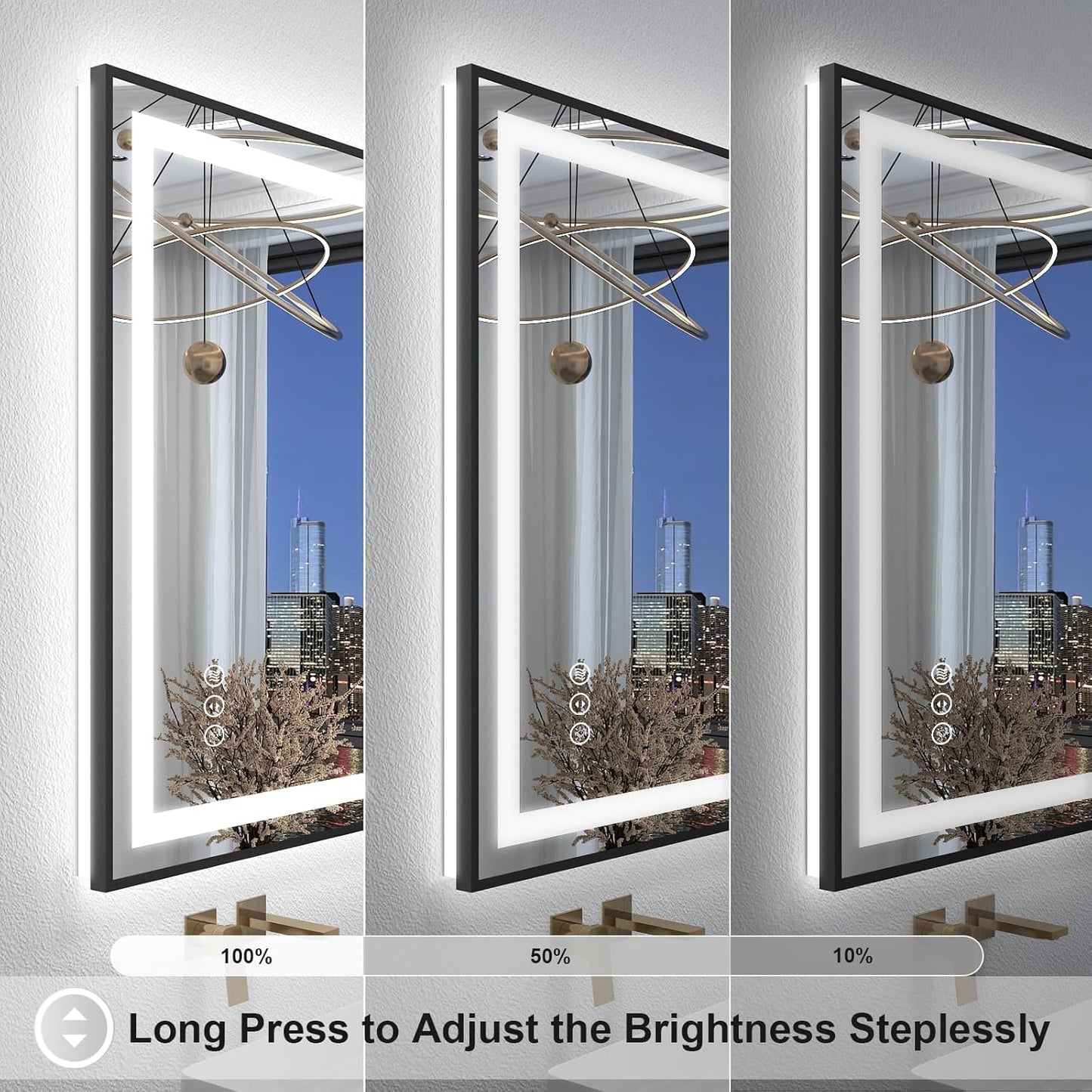 OKPAL 60x40 Black LED Bathroom Mirror, Lighted Bathroom Mirrors with Lights, Front Light and Backlit, Lighted Vanity Mirror, Dimmable, Anti-Fog, Shatterproof, ETL Listed (Horizontal/Vertical)