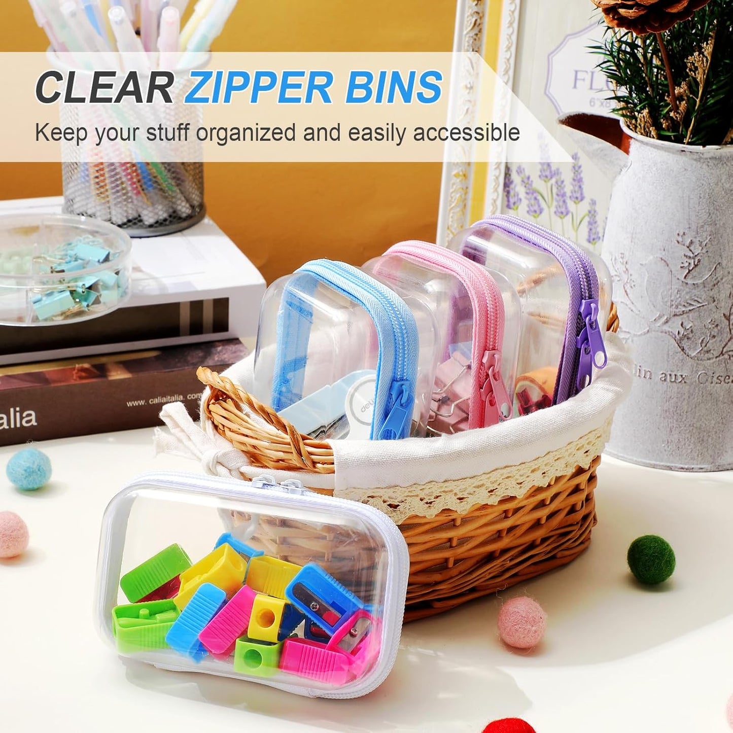 Hoolerry 4 Pcs Hard Clear Zipper Case Makeup Bags Plastic Pencil Pouch Transparent Storage Box Containers for Cosmetics, Snacks, Building Blocks, Puzzles(Multicolor,5 x 3 x 2 in)