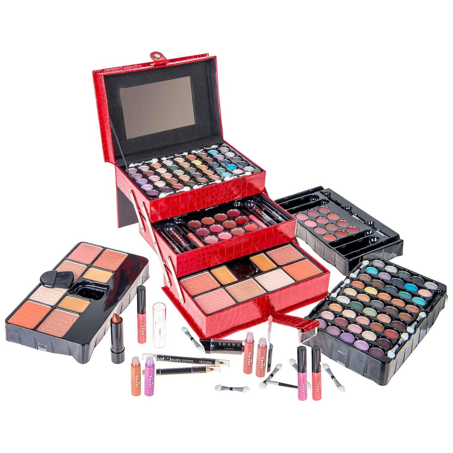 SHANY All In One Makeup Kit (Eyeshadow, Blushes, Face Powder, Lipstick, Eye liners, Makeup Pencils and Makeup Mirror - Makeup Set With Reusable Makeup Storage Box - Red