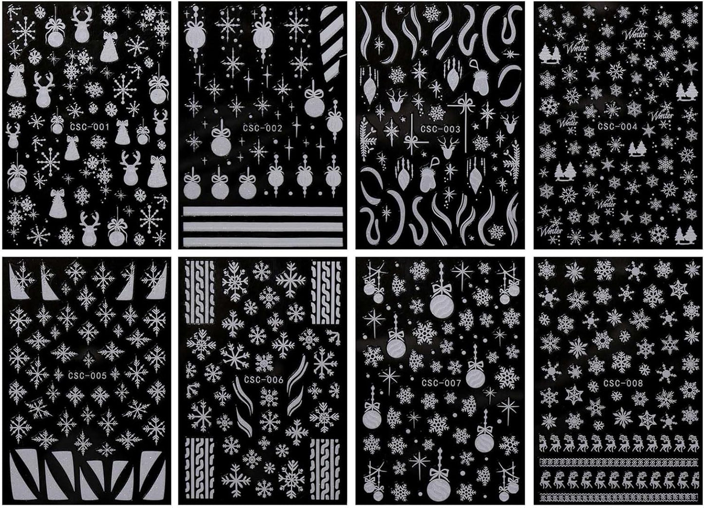 JMEOWIO 8 Sheets Christmas Glitter Nail Art Stickers Decals Self-Adhesive Cute Snowflake Winter Holiday White Nail Supplies Nail Art Design Decoration Accessories
