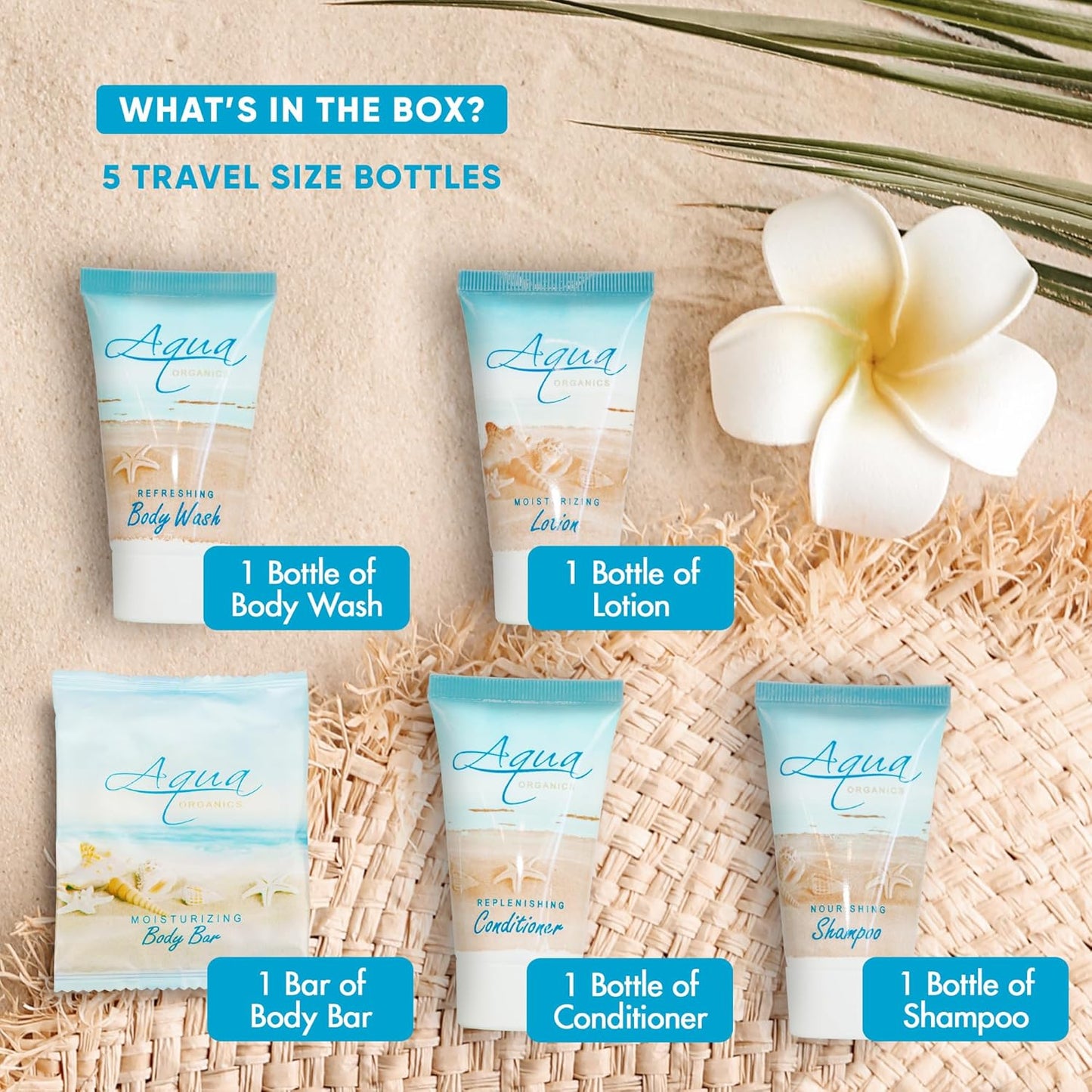 | Aqua Organics Hotel Soaps and Toiletries Bulk Set | Amenities for Hotels & Airbnb | 1oz Hotel Shampoo & Conditioner, Body Wash, Body Lotion & 1oz Bar Soap Travel Size | 5 Pieces