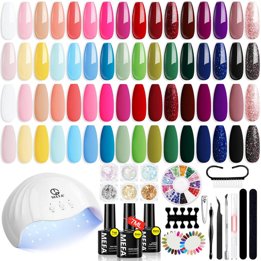 MEFA 56 Pcs Gel Nail Polish Kit with U V Light, 32 Colors Hot Pink Colorful Gel Nail Kit Glitter nail Polish Set Nail Art Decorations Manicure Tools DIY Gifts