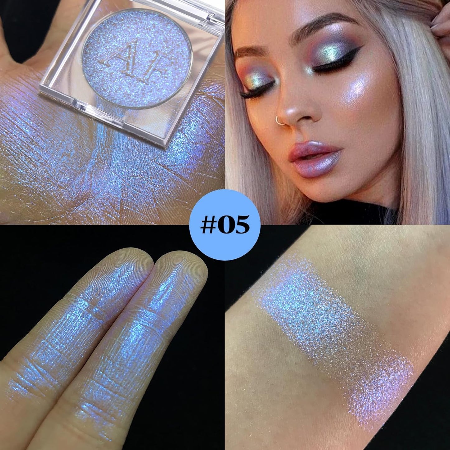 Highlighter Makeup Palette, Long Lasting New Formula, Dazzling Blue-Purple Shimmer, Sheer Base, Ideal for Face and Body Contour and Cheek Highlight (#05) Blue-Purple Dazzling Shimmer