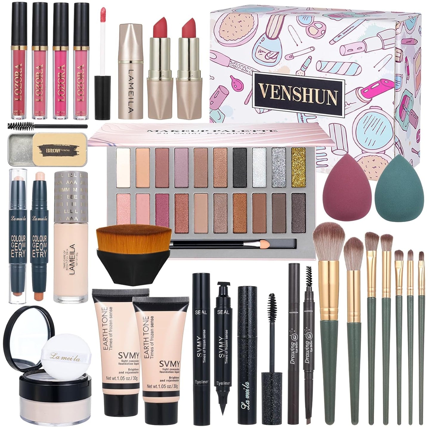 Makeup Kit Full Kit for Women Makeup Kit Full Kit for Teenagers Eyeshadow Palette Lip Gloss Foundation Mascara Eyeliner Cosmetic Brushes Cosmetic Bag etc. (20Middle)