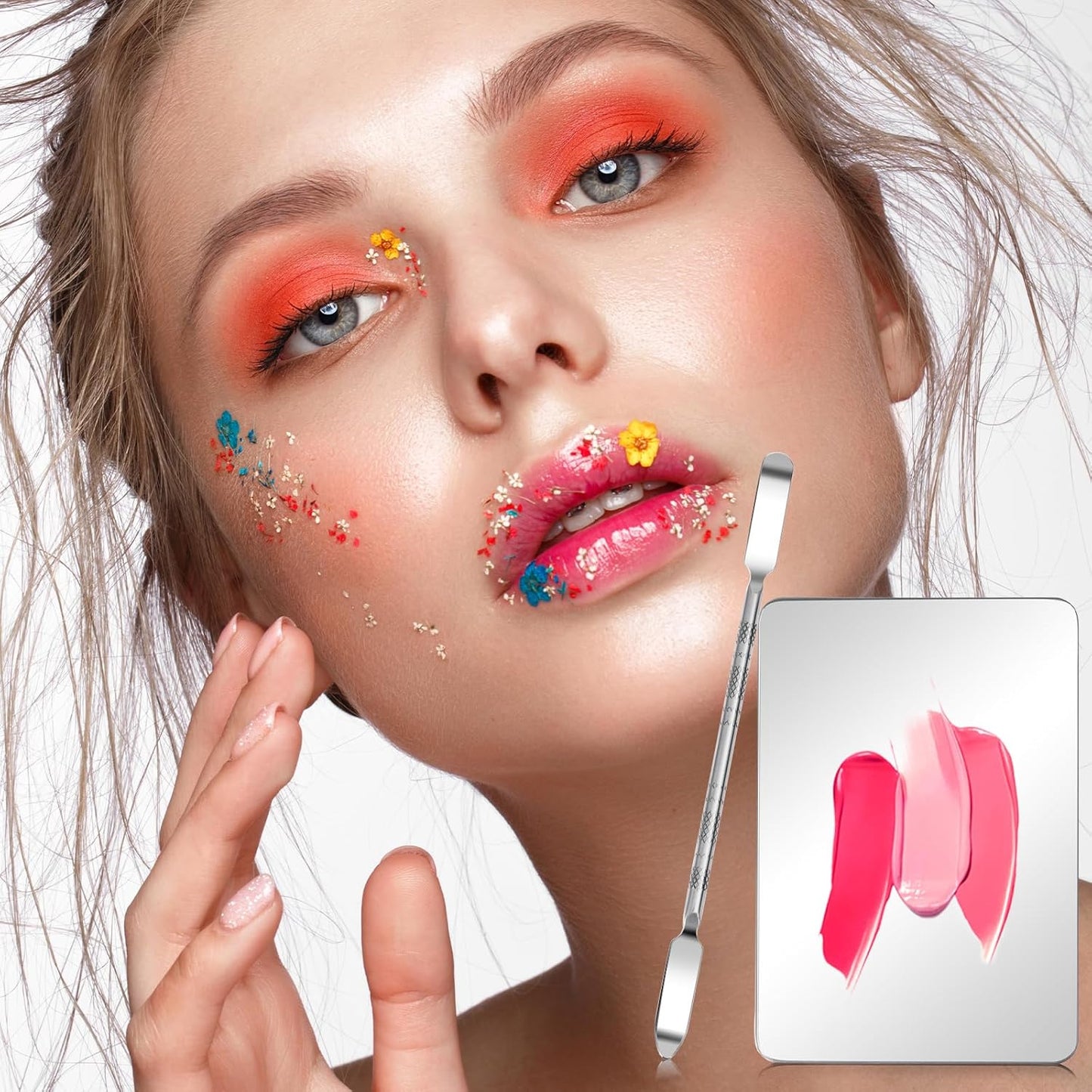 Makeup Mixing Palette with Handle Stainless Steel Makeup Spatula Palette with Foundation Spatula Multifunction Foundation Mixing Palette & Makeup Mixer for Mixed Cosmetics (2.9×1.9",Silver)