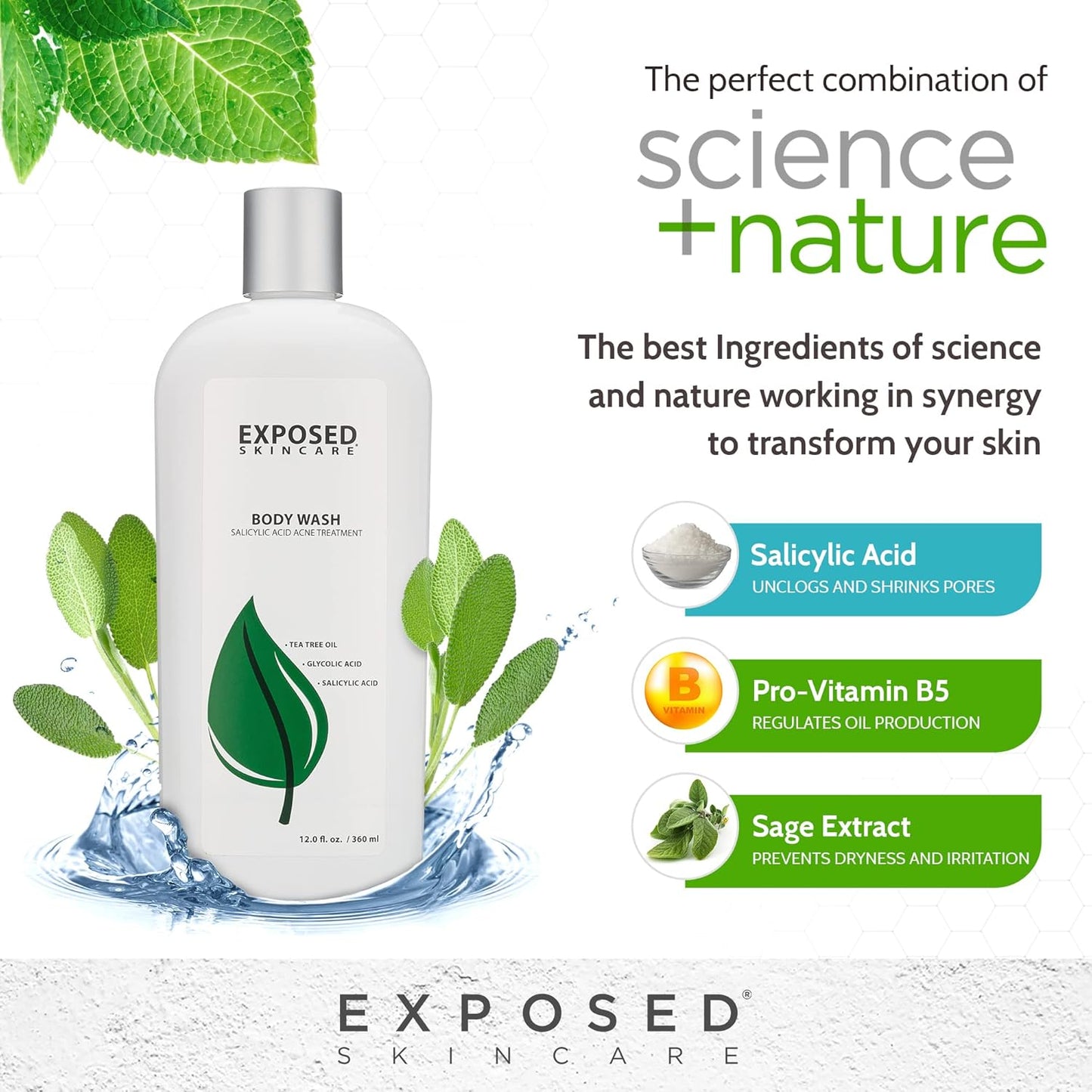 Exposed Skin Care Body Wash - Back and Body Acne Wash with Salicylic Acid and Tea Tree Oil – Exfoliating Bacne Treatment for Clearer, Healthier Skin – Body Cleanser for All Skin Types (12 fl oz)