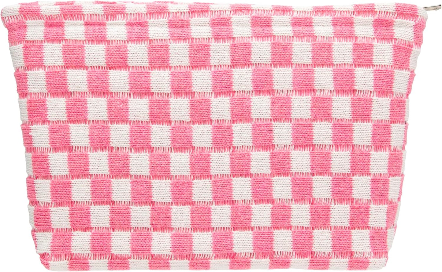 Knitted Checkered Makeup Bag Large Zipper Make Up Accessory Pouch for Purse Cosmetic Brush Bag for Travel Essential Pink White