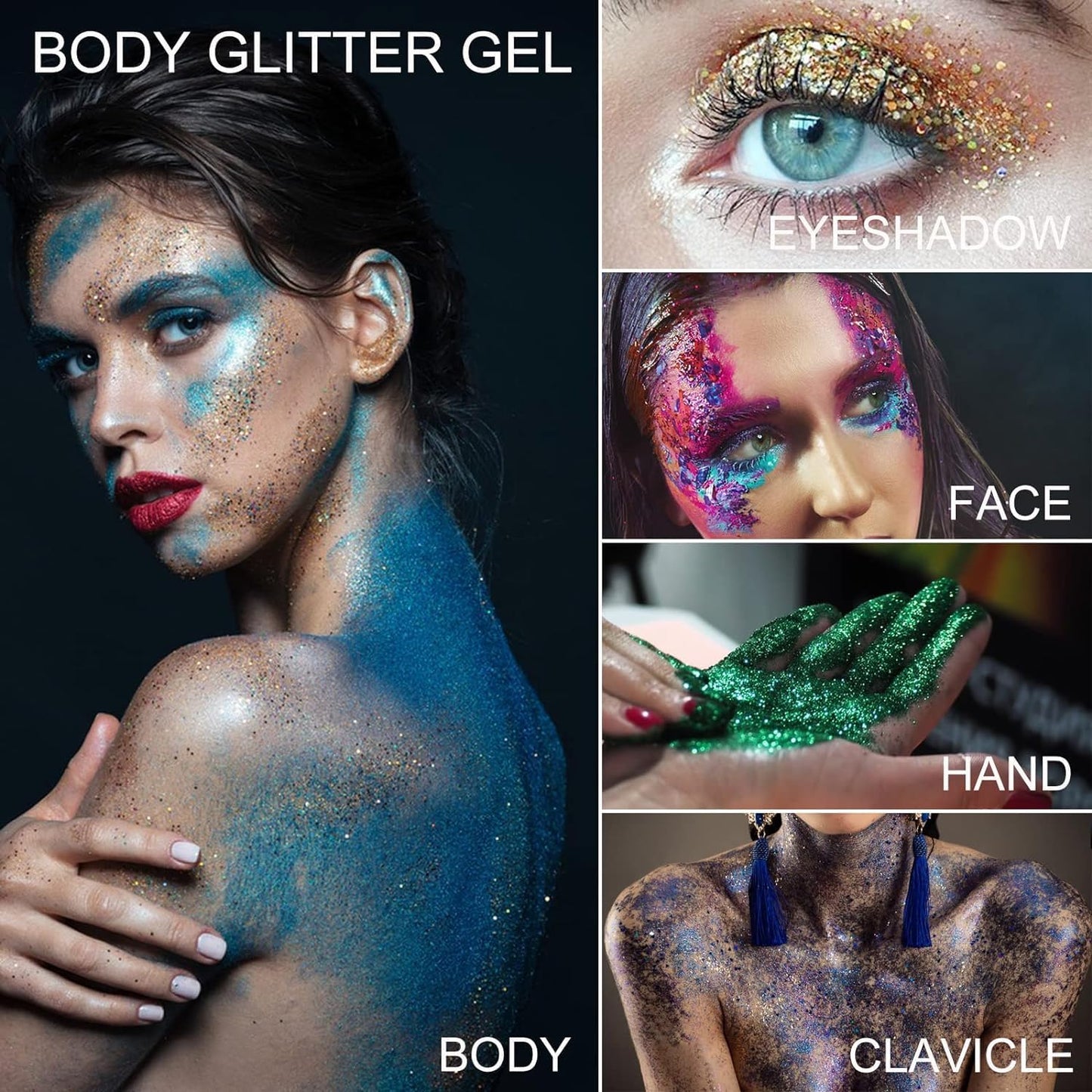 Cool Black Face Body Hair Glitter Gel for Halloween Party Festival Rave Accessories, Long Lasting Shimmer Holographic Chunky Mermaid Sequin Sparkling Paint Makeup for Women Kids, 1oz