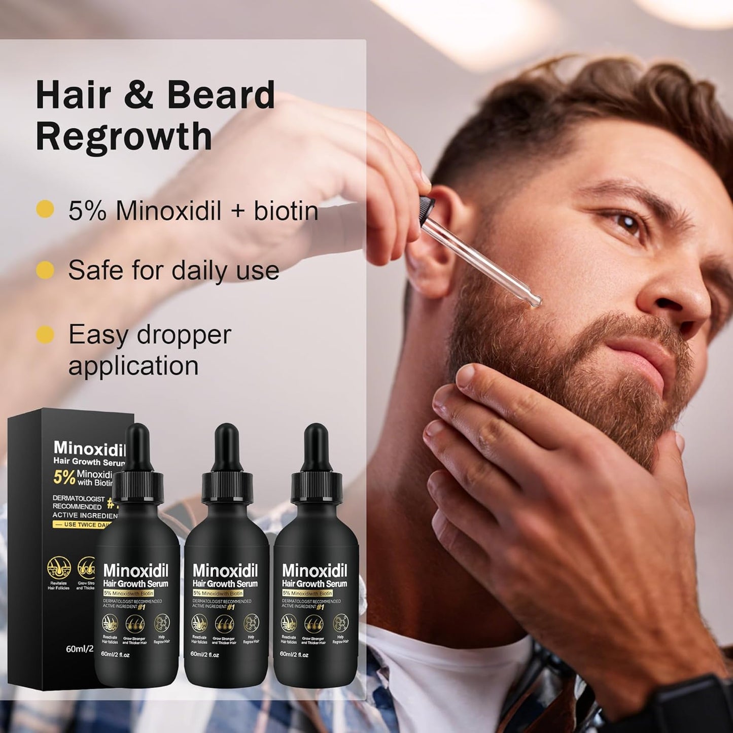 5% Minoxidil for Men and Women Hair Growth Treatment,Topical Minoxidil for Beard Growth, Hair Regrowth Serum for Scalp Hair Loss and Thinning, with Biotin (3Pack)