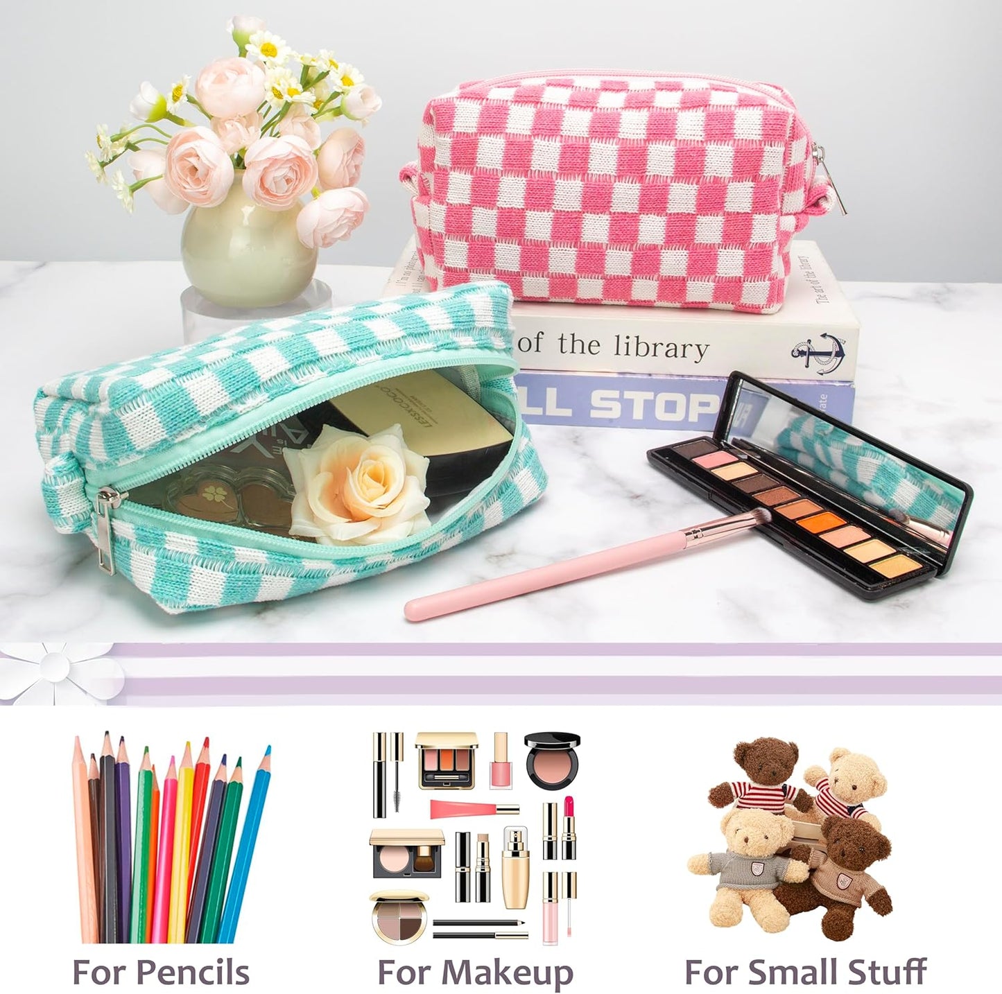 PAZIMIIK Checkered Makeup Bag for Purse Portable Zipper Make Up Pouch Small Cosmetic Case for Travel Accessories (2PCS Arctic Blue)
