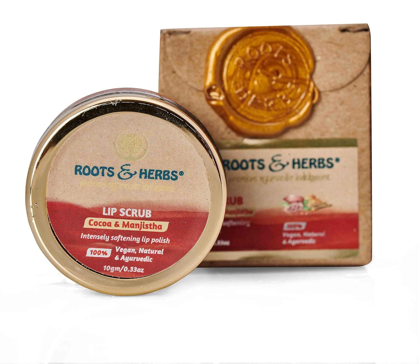 ROOTS AND HERBS Ayurvedic Cacao & Manjistha Cane Sugar Lip Scrub 100% Vegan, No-Paraben, No-SLS, No-Sulphate & Natural Treatment Exfoliator for Dark, Dry, Chapped Smooth & Brighter Lips (15gm/0.53oz)