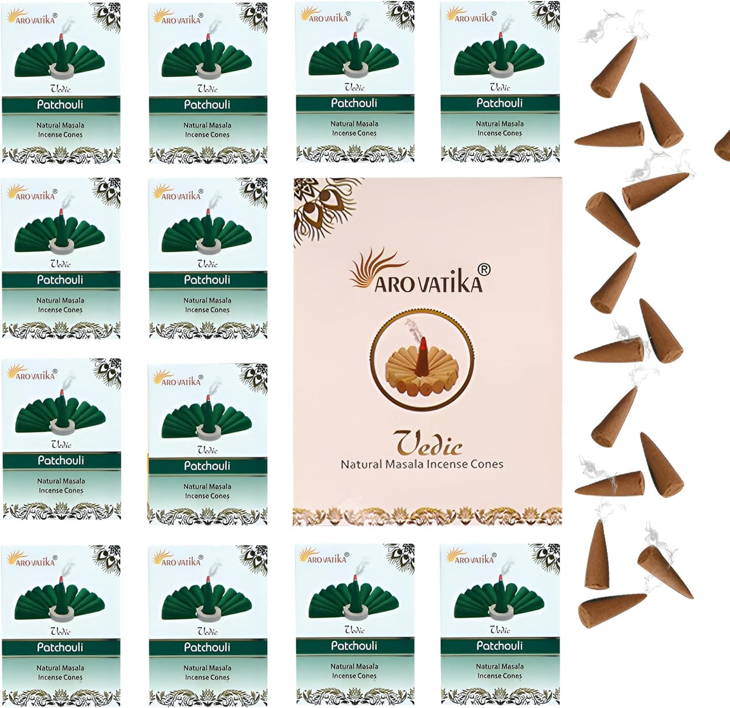 ARO VATIKA Vedic Patchouli Natural Masala 120 Incense Cones in Pack of 12 Boxes| Environment-Friendly Dhoop- Best for Prayer, Reiki, Meditation and Relaxation | Burn Time- 25 mins