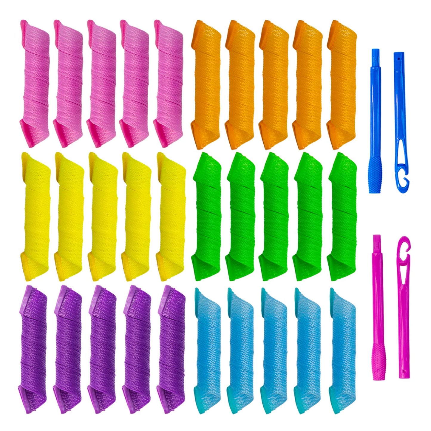 30pcs Heatless Hair Curlers Rollers Spiral Curls Styling Kit with 2 Sets Styling Hooks,No Heat Curlers for Women Girl's, pink, orange, blue, green, yellow and purple (12 Inch/30 cm)…