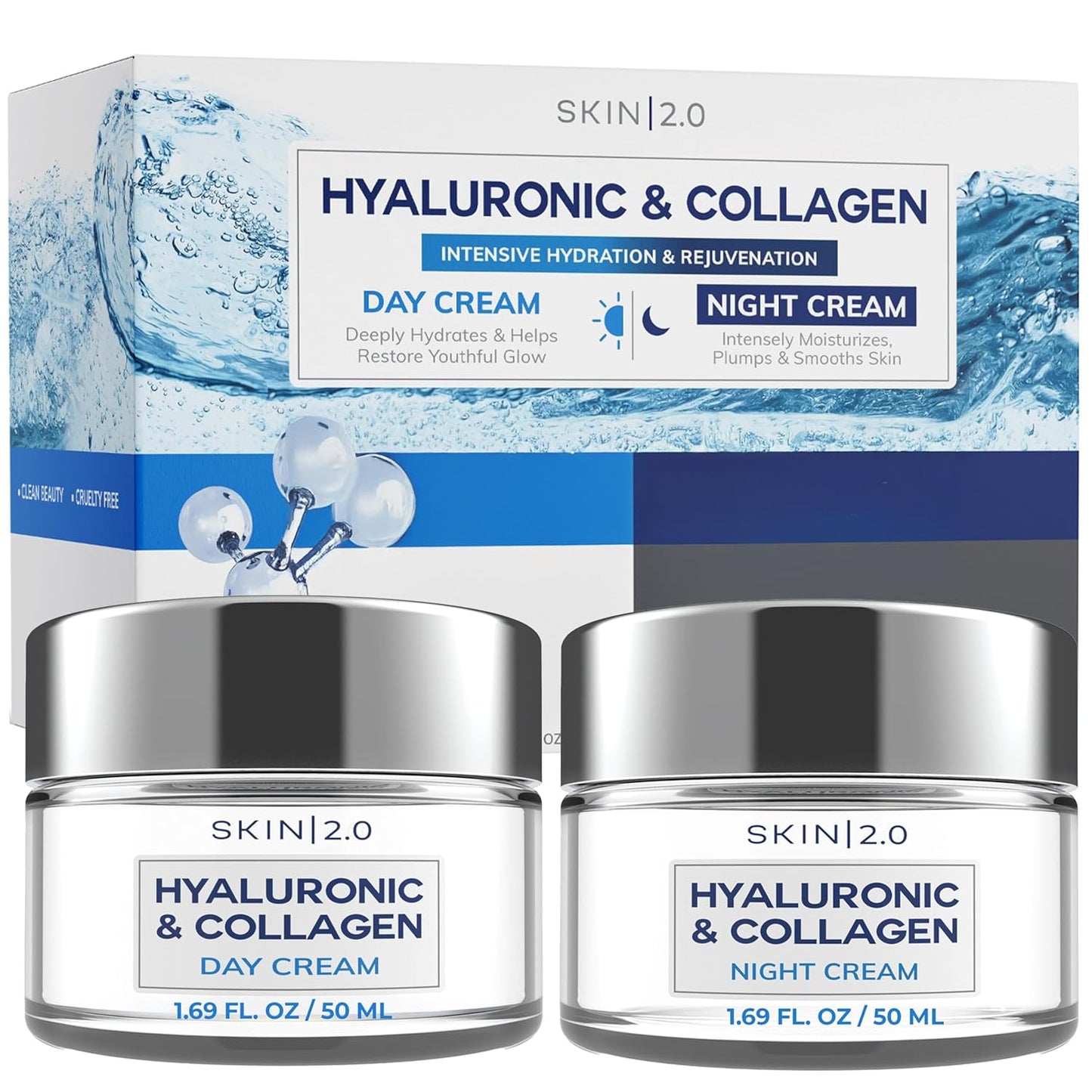 Hyaluronic Acid & Collagen Day & Night Face Moisturizer - Dermatologist Tested, Hydrating, Anti-Aging, Clean Beauty, Cruelty-Free, Korean Skincare for All Skin Types - 1.69 Fl oz (2-Pack)