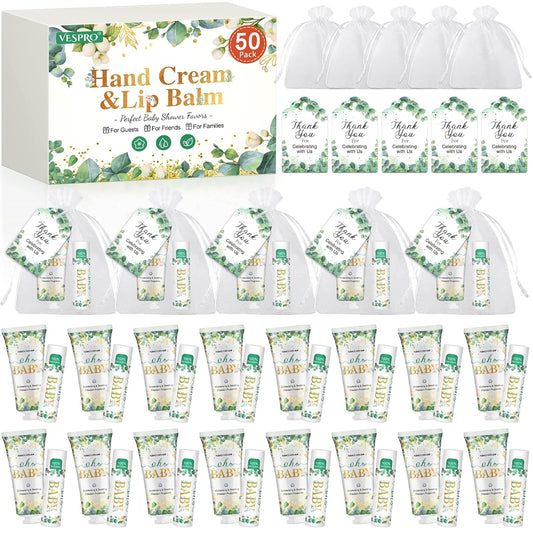 VESPRO 50 Pack Hand Cream Bulk and Lip Balm Bulk Gifts Sets, Baby Shower Favors and Bridal Shower Favors for Guests with Thank You Card and Organza Gift Bags, Thank You Gifts for Women (Oh Baby)
