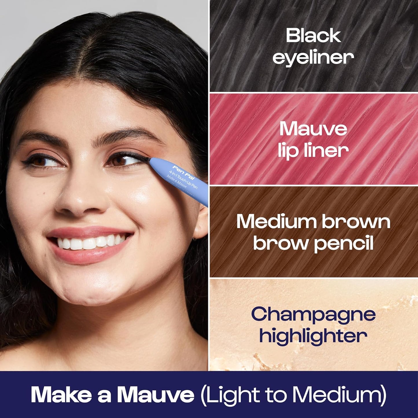 Alleyoop Pen Pal Touch-Up 4-in-1 Makeup Pen, Make A Mauve (Light - Medium) - Travel Make Up Set with Eyeliner, Brow Pencil, Highlighter & Lip Liner - High-Pigment Formula, Easy & Smooth Application