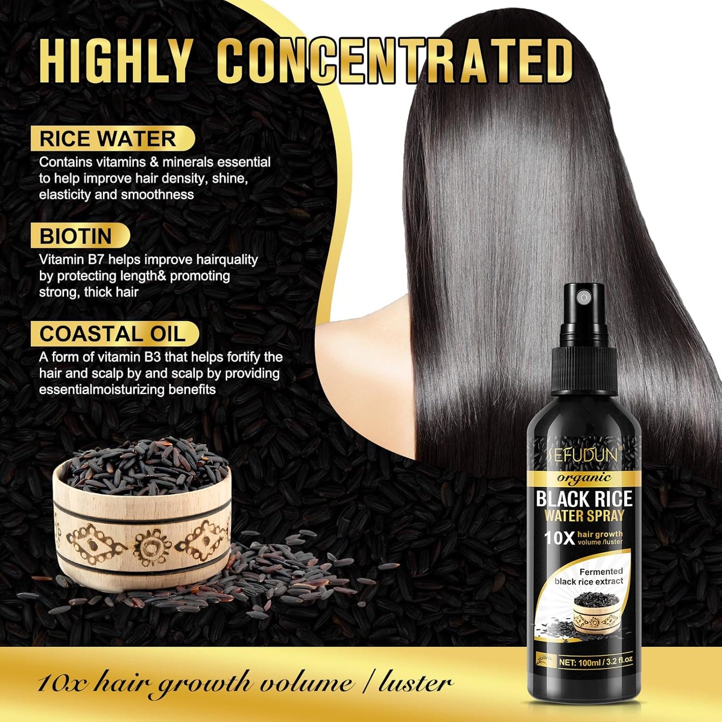 (3Pc) Organic Black Rice Water Spray for Hair Growth, A Solution with Castor Oil & Ginger Root Extract for Thicker, Fuller Hair, Targets Hair Loss and Repairs Damage 300ml/9.6 fl.oz