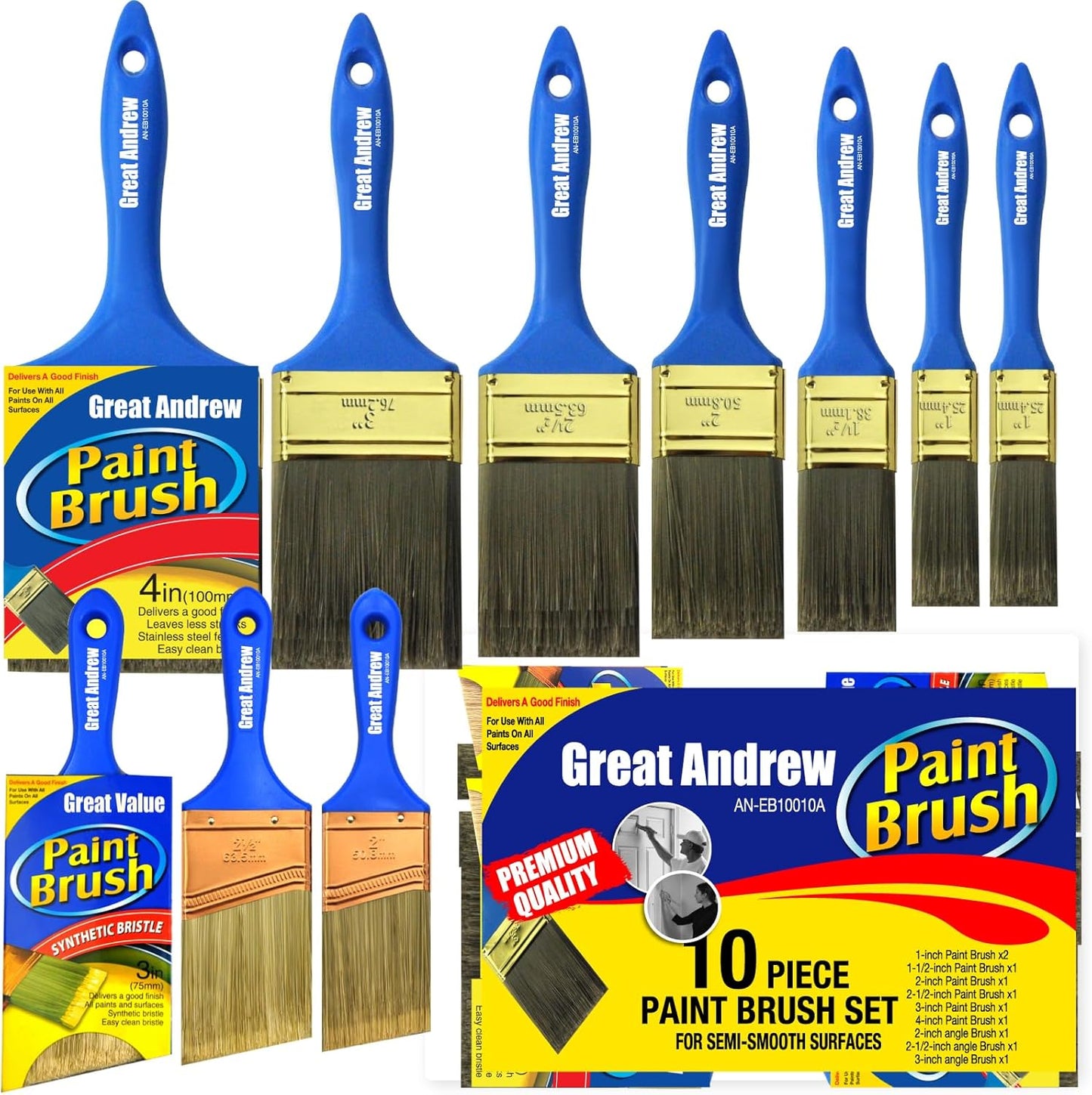 10 Pack Professional Paint Brushes (4" 3" 2" 2.5" 1.5" 1" Flat & Angle) Painters Paint Brush Set, Paint Brushes for Walls, Painting Brushes Bulk, House Painting Tool Set Kit