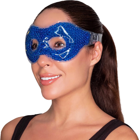 Gel Eye Mask with Eye Holes- Hot Cold Compress Pack Eye Therapy | Cooling Eye Mask for Puffy Eyes, Dry Eyes, Headaches, Migraines, Sinus, Dark Circles - Reusable Eye Face Mask | Ergo Gel Bead (Blue)