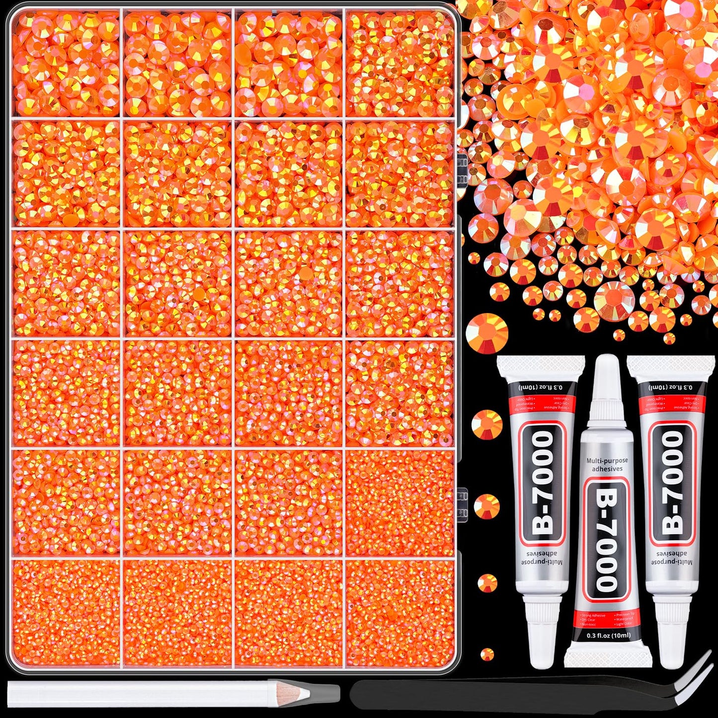 25000Pcs Resin Rhinestones with Tweezers for Crafting, Orange AB 2-6mm Mixed Sizes Bedazzling Crystal with 3Pcs 10ml B7000 Jewelry Glue for DIY Crafts Clothing Tumblers Shoes Fabric Nail Art