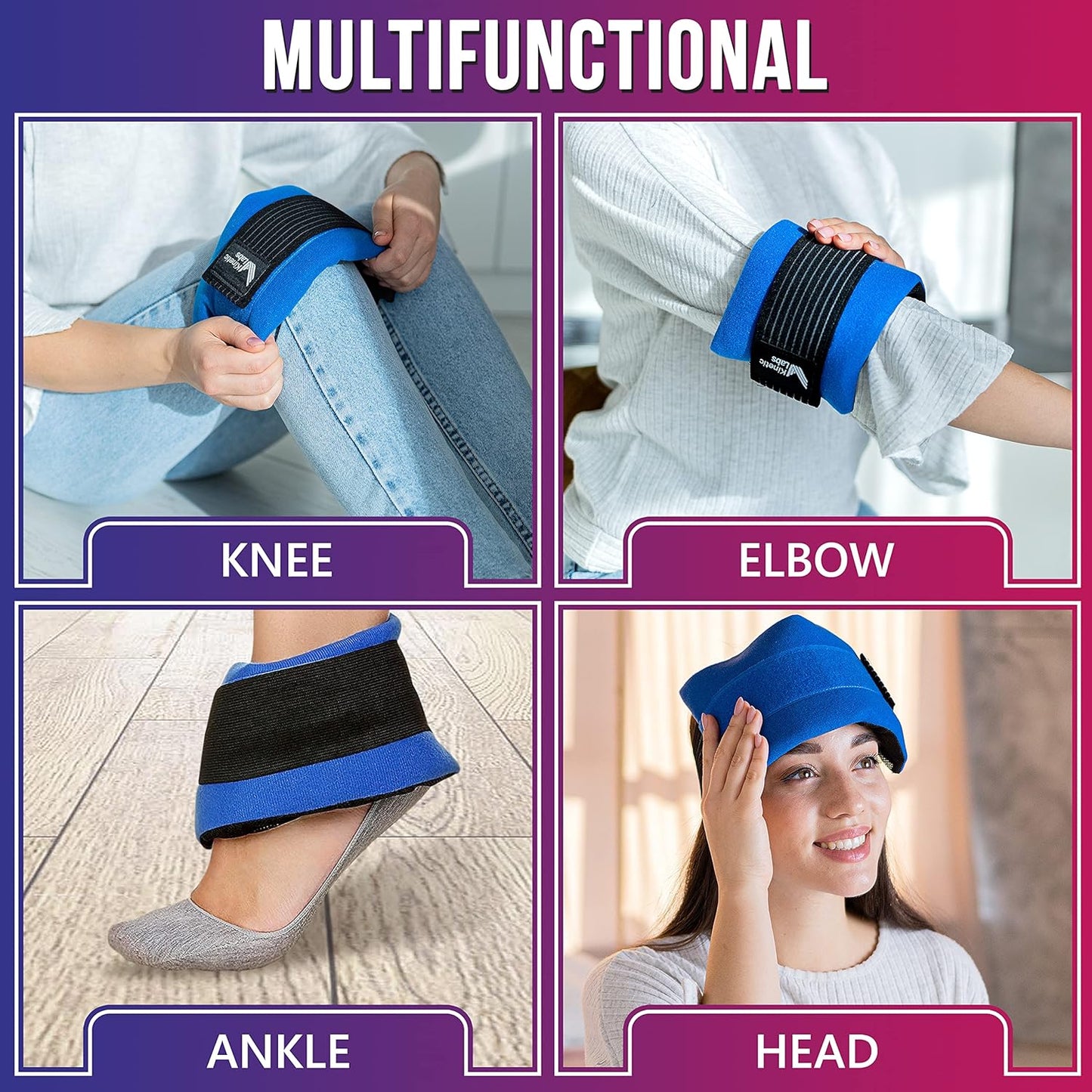 Ice Pack Wrap with Elastic Strap by Kinetic Labs - Hot Cold Gel Pack for Injuries - Reusable Ice Pack for Neck Foot Ankle Head Wrist Leg Shoulder Arm Thigh Knee Surgery (Regular)