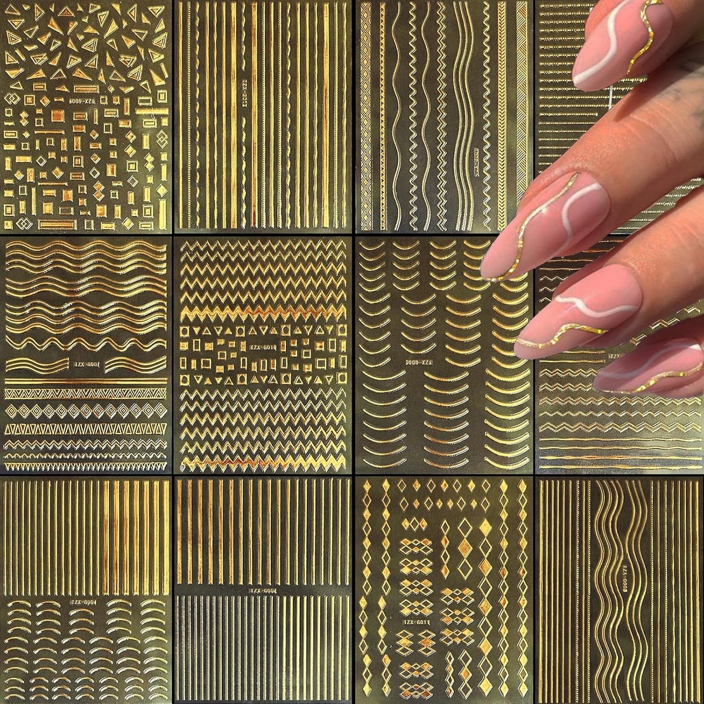 12 Sheets Gold Nail Stickers, 3D Self-Adhesive Metal Geometric Stripe Wave Nail Sticker, Gold Nail Art Designs, Style-c