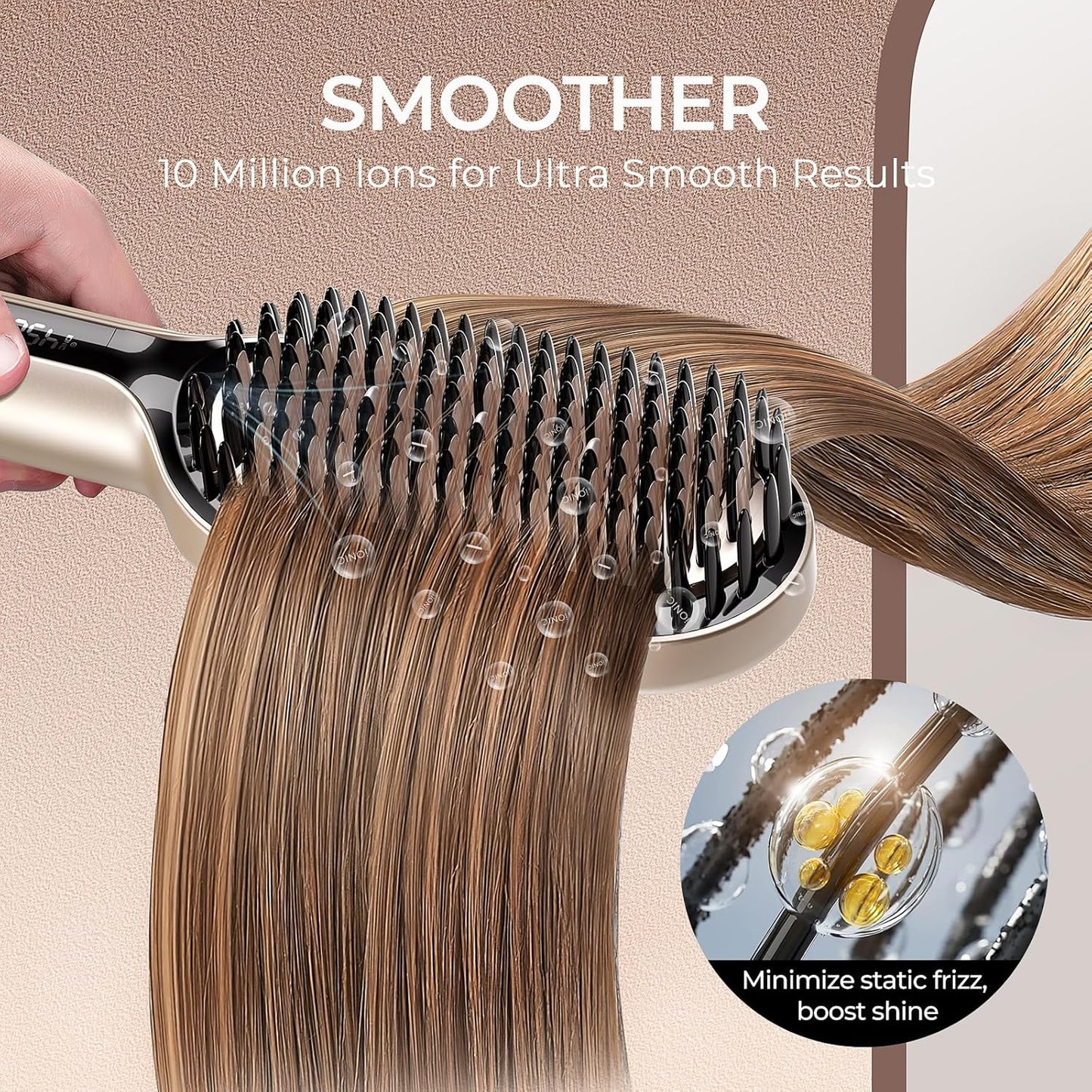 TYMO Hair Straightener Brush - Upgraded Ionic Plus Straightening Brush with Dense Bristles, 16 Temps, Dual Voltage | Ceramic Hot Comb for Women | Flat Iron for Thick Curly Hair, Gold